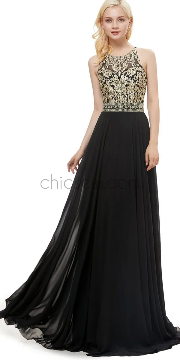 A-line Sleeveless Black Gold Sequin Gorgeous Long Modest Eleganrt Prom Dresses LMX1128