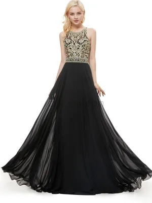 A-line Sleeveless Black Gold Sequin Gorgeous Long Modest Eleganrt Prom Dresses LMX1128