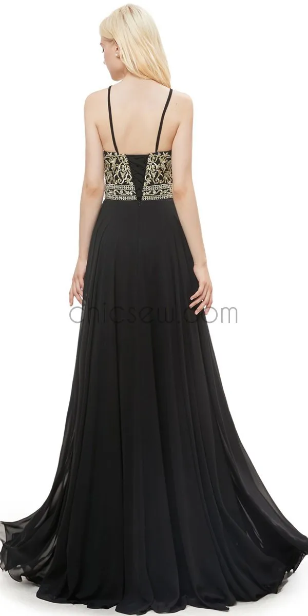 A-line Sleeveless Black Gold Sequin Gorgeous Long Modest Eleganrt Prom Dresses LMX1128