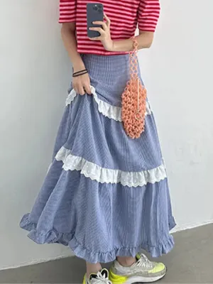 ADVBRIDGE Vintage Plaid Thin Skirt Lace Splicing Wooden Ear Dress Long Swing Skirts for Woman Korean Fashion Faldas Para Mujeres