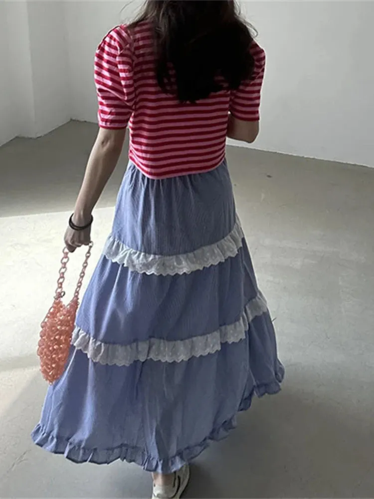 ADVBRIDGE Vintage Plaid Thin Skirt Lace Splicing Wooden Ear Dress Long Swing Skirts for Woman Korean Fashion Faldas Para Mujeres