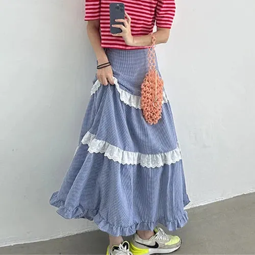 ADVBRIDGE Vintage Plaid Thin Skirt Lace Splicing Wooden Ear Dress Long Swing Skirts for Woman Korean Fashion Faldas Para Mujeres