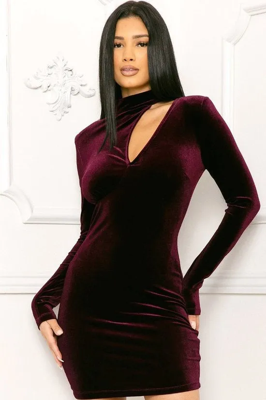 Burgundy Velvet Long Sleeve Mini Dress