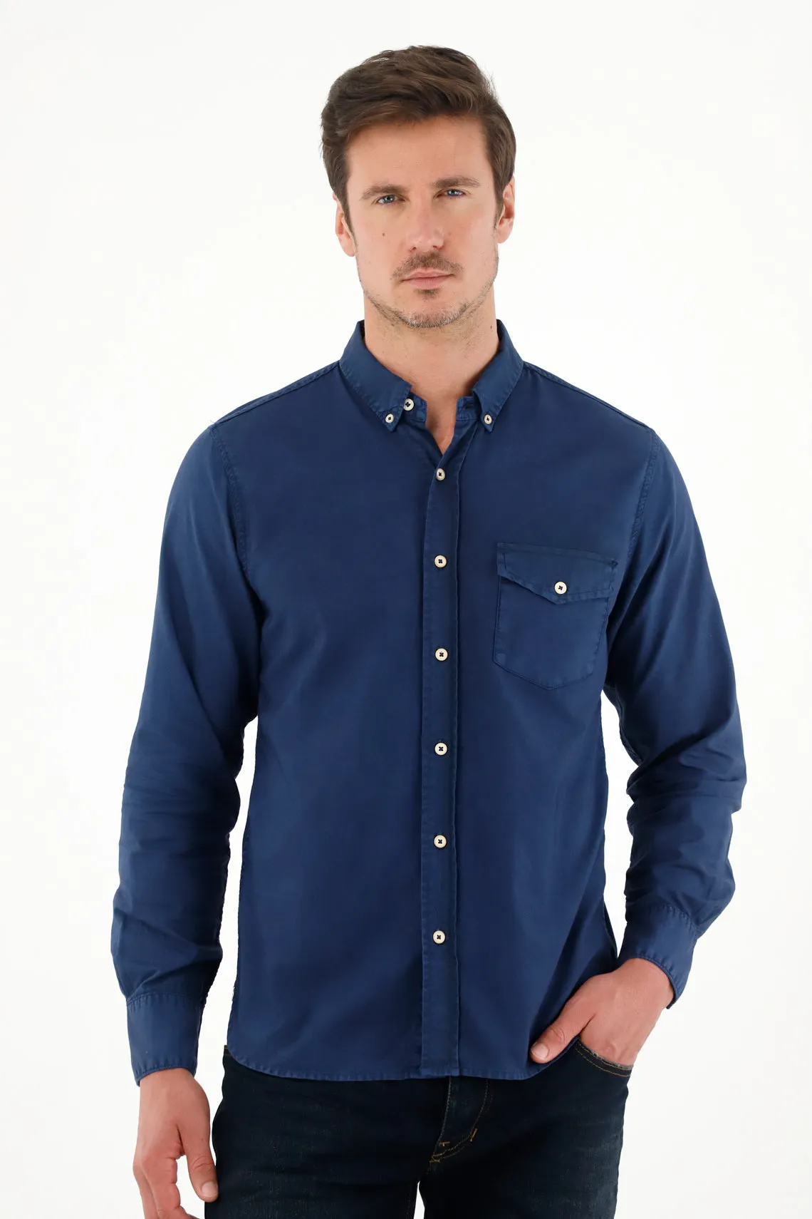 Camisa de silueta clásica manga larga azul para hombre