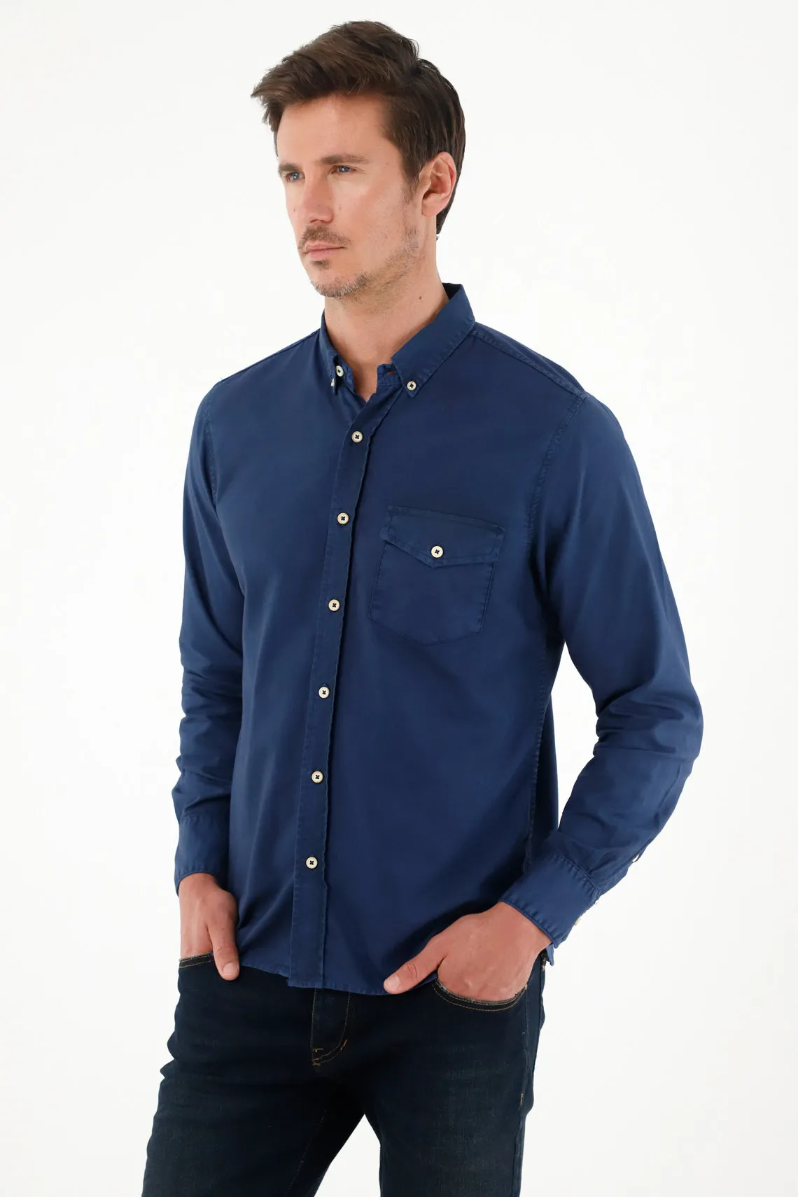 Camisa de silueta clásica manga larga azul para hombre