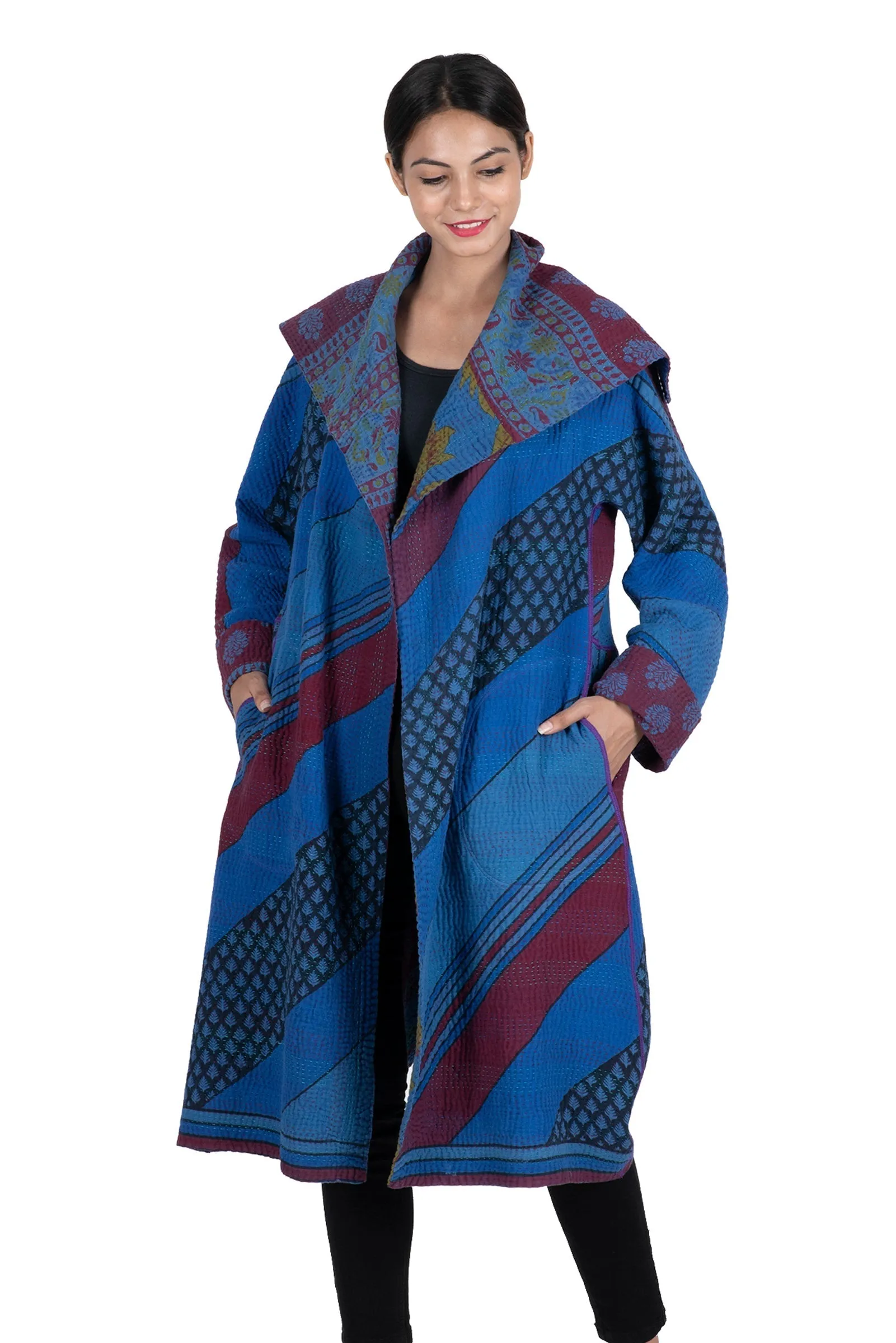 COTTON OVER DYE KANTHA A-LINE COAT - ov4309-0001a -