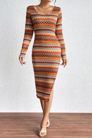 Elegant Plaid Striped Print Slit O Neck A Line Dresses