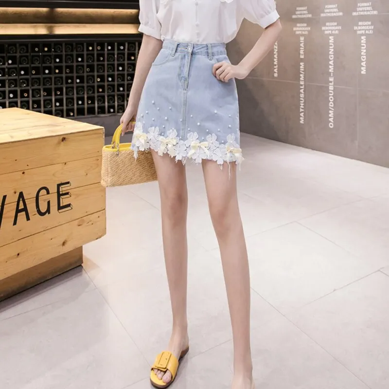 Fashion Lace Flower Denim Skirt Summer Pearl High Waist Ladies Jean Mini Skirt Causal Korean Slim Girls Short Faldas