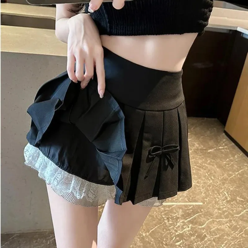 Girlary 2024 Coquette Pleated Skirt Women Korean Fashion Preppy Style A-line Bow Lace Patchwork Faldas Mujer Cute Sexy Mini Skirt Y2k