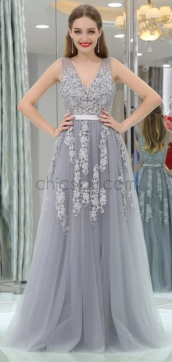 Grey A-line Sleeveless Lace V-neck Tulle Bridesmaid Dresses, YKX066