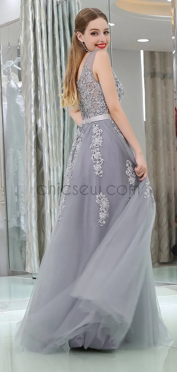 Grey A-line Sleeveless Lace V-neck Tulle Bridesmaid Dresses, YKX066