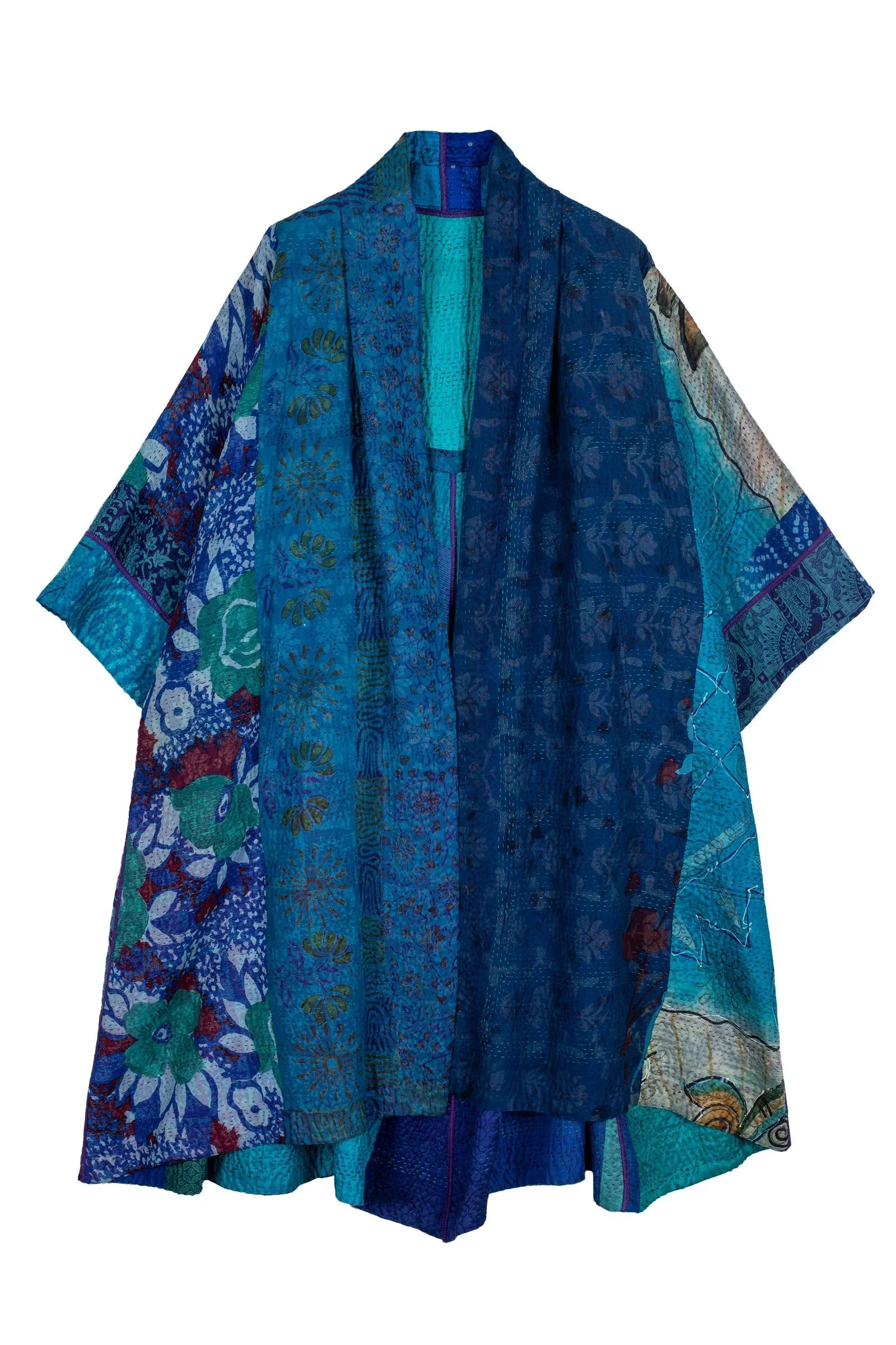 JACQUARD SILK KANTHA  3/4 SLV. A-LINE DUSTER - js4324-blu -