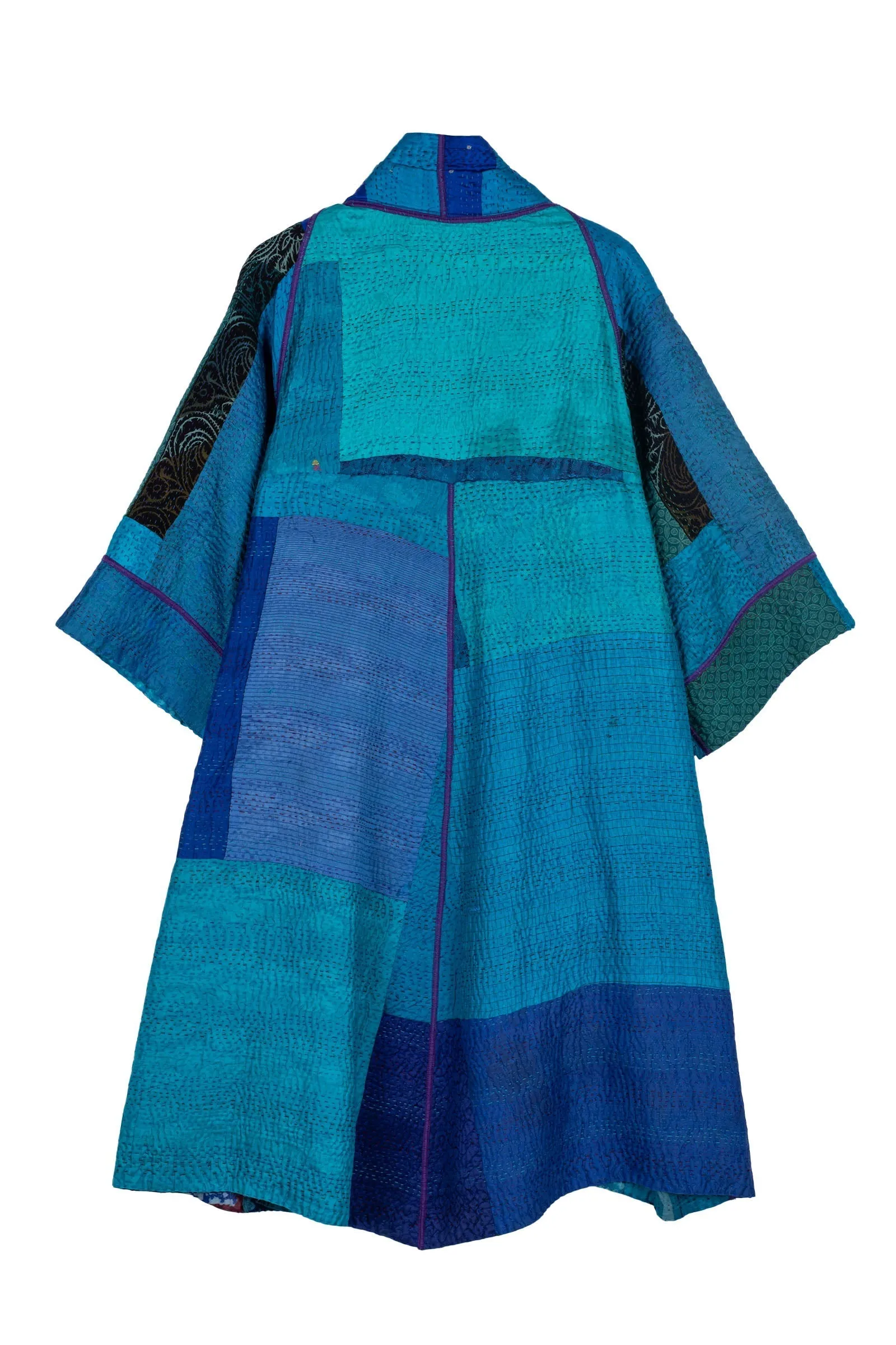 JACQUARD SILK KANTHA  3/4 SLV. A-LINE DUSTER - js4324-blu -