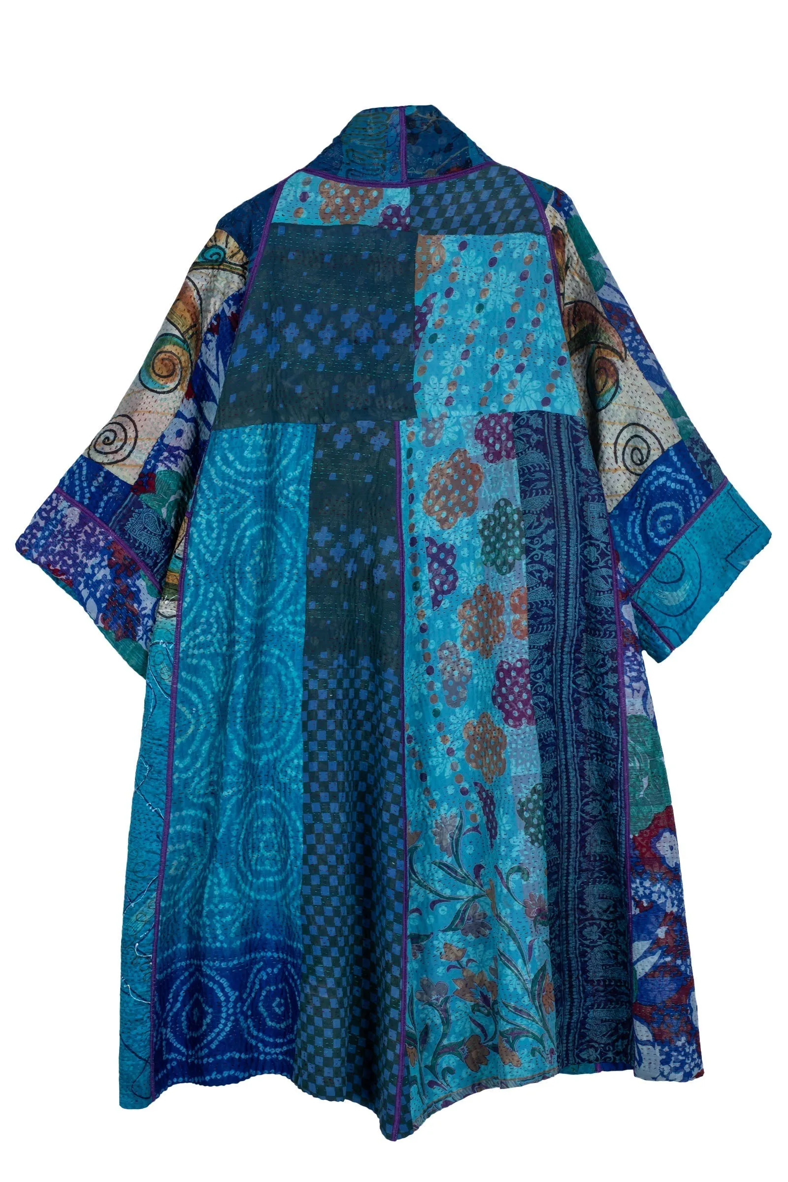 JACQUARD SILK KANTHA  3/4 SLV. A-LINE DUSTER - js4324-blu -