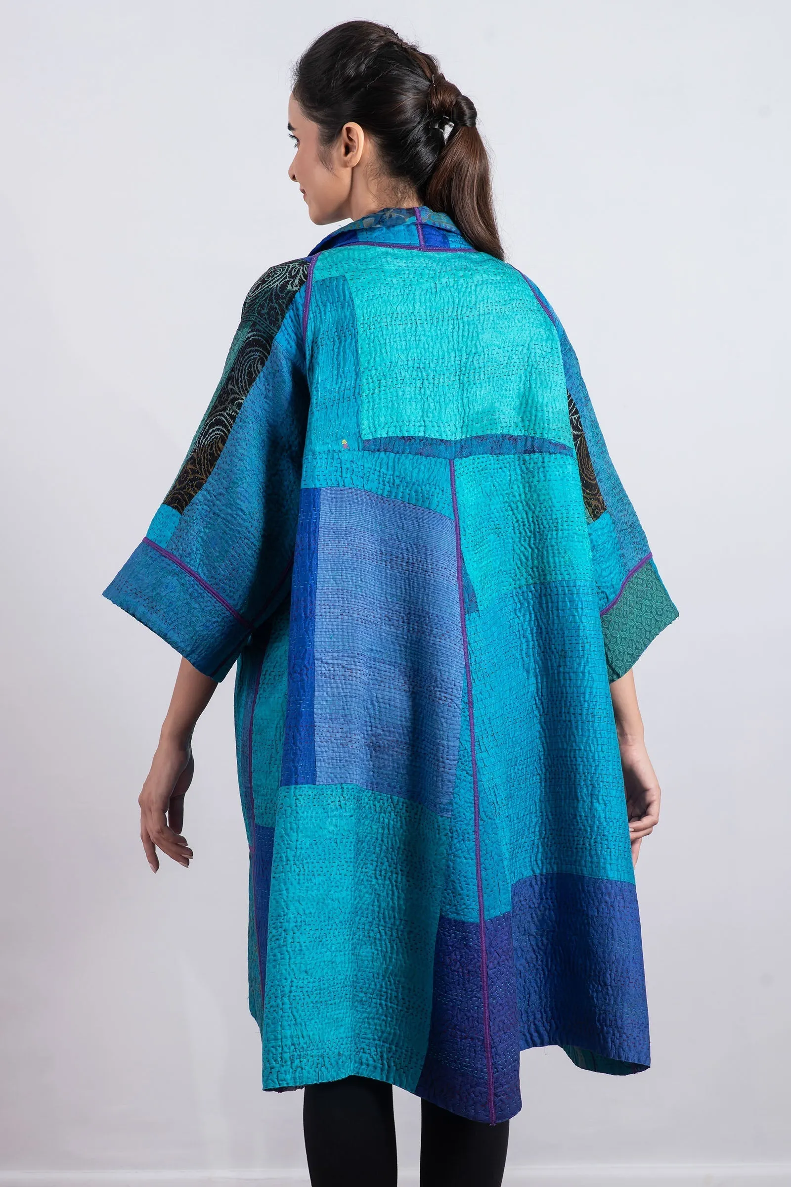 JACQUARD SILK KANTHA  3/4 SLV. A-LINE DUSTER - js4324-blu -