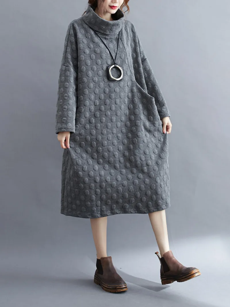 Women's  Polka Dot High Collar Mid-Length Shirt Dress